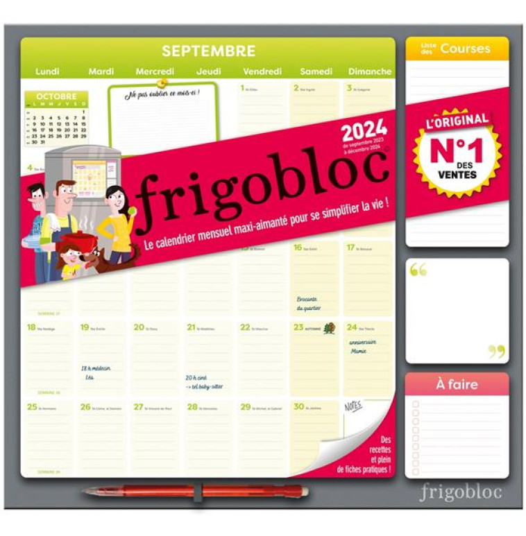 FRIGOBLOC MENSUEL 2024 - CALENDRIER D-ORGANISATION FAMILIALE / MOIS (DE SEPT. 2023 A DEC. 2024) - COLLECTIF - NC