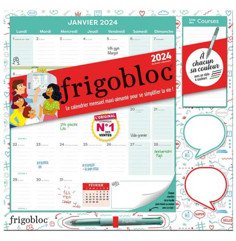 FRIGOBLOC MENSUEL 2024 AVEC STYLO 4 COULEURS (DE JANV. A DEC. 2024) - COLLECTIF - NC