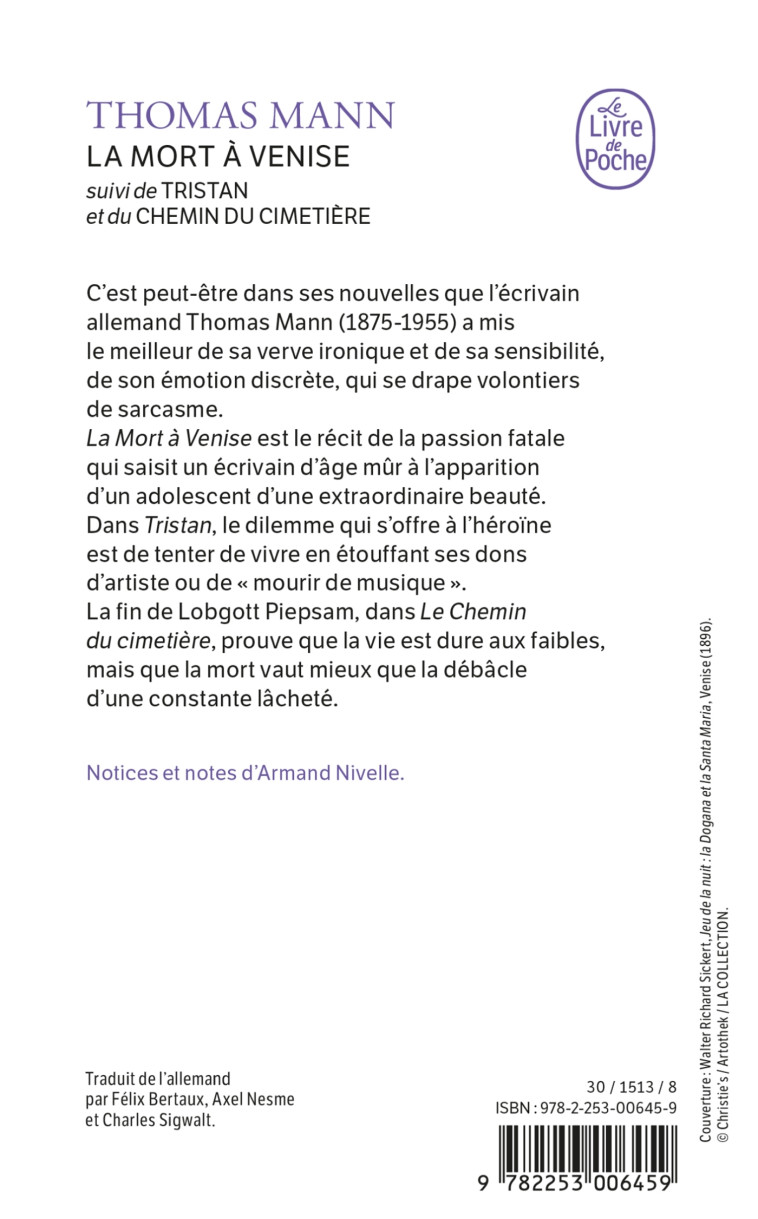 LA MORT A VENISE - SUIVI DE TRISTAN ET DE LE CHEMIN DU CIMETIERE - Thomas Mann - LGF