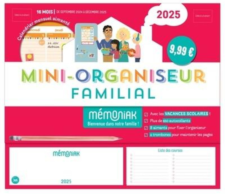 MINI-ORGANISEUR FAMILIAL MÉMONIAK, CALENDRIER FAMILIAL MENSUEL (SEPT. 2024- DÉC. 2025) - XXX - NC