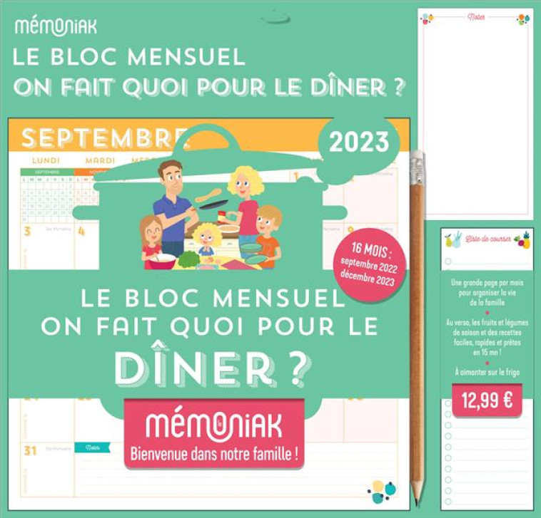 BLOC MENSUEL ORGANISEUR MEMONIAK ON FAIT QUOI POUR LE DINER, CALENDRIER AVEC RECETTES 2023 16 MOIS - THUILLEZ/NESK - NC