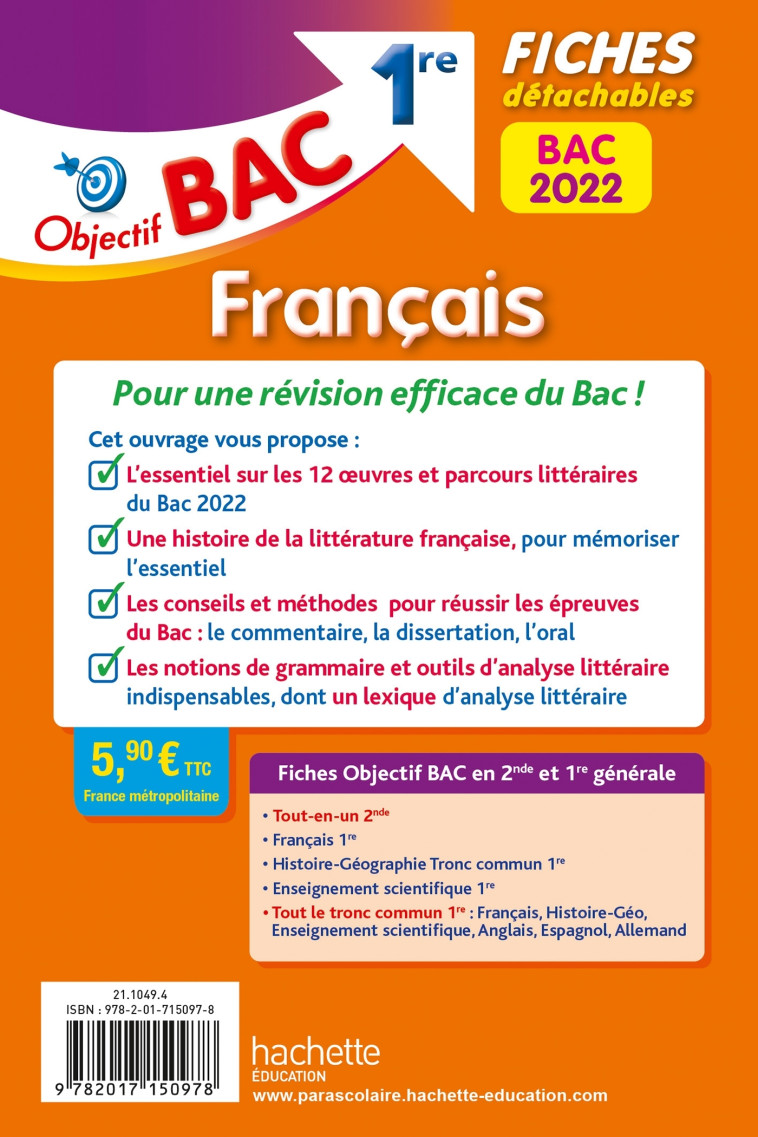 Objectif BAC Fiches détachables  Français 1re BAC 2022 - Amélie Pinçon - HACHETTE EDUC