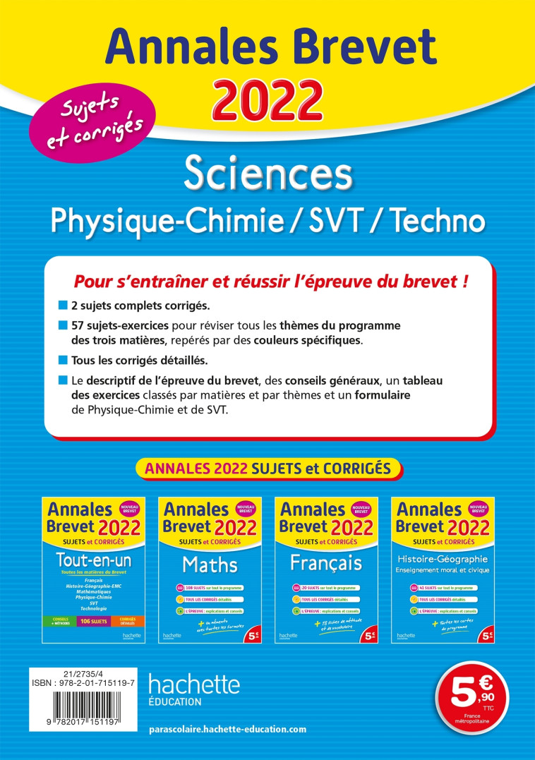 Annales Brevet 2022 Sciences - Sébastien Dessaint - HACHETTE EDUC