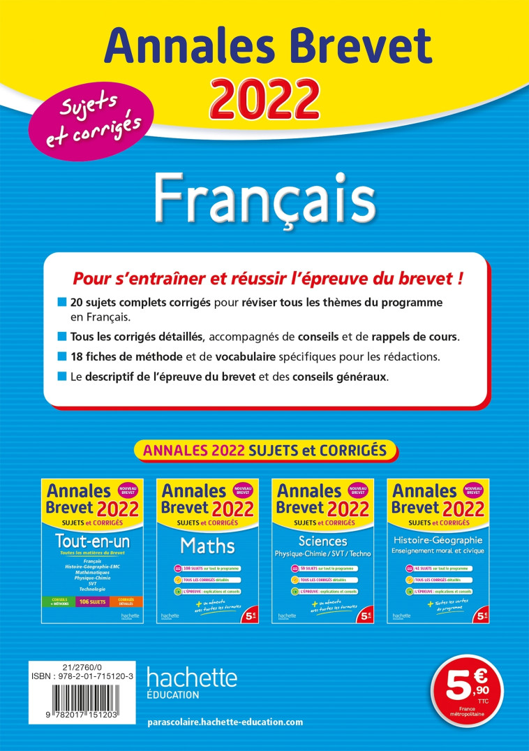 Annales Brevet 2022 Français - Brigitte Réauté - HACHETTE EDUC