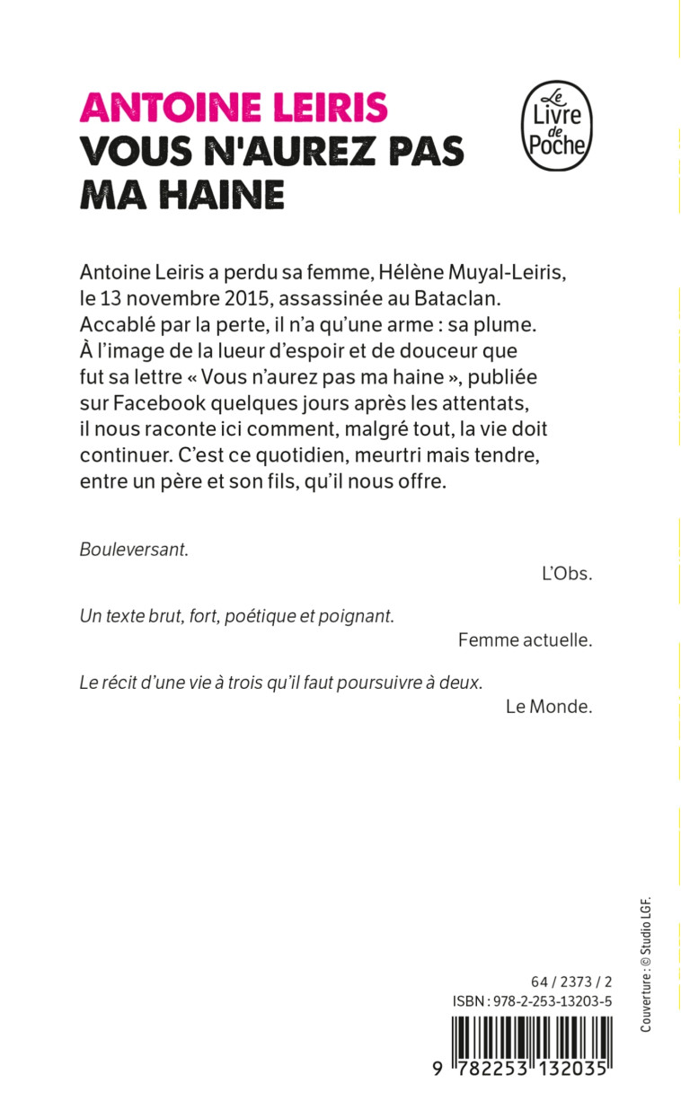 Vous n'aurez pas ma haine - Antoine Leiris - LGF