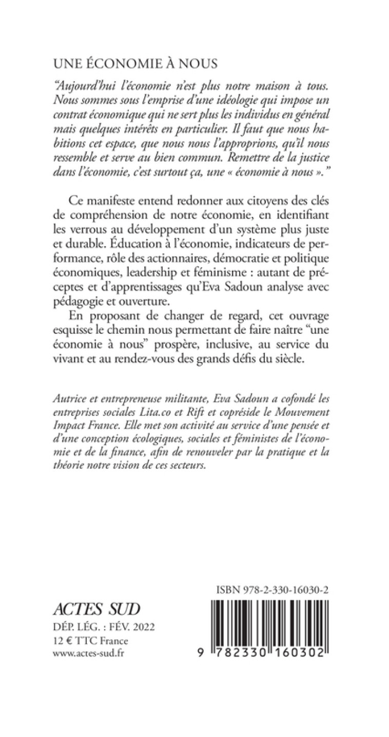 Une économie à nous - Eva Sadoun - ACTES SUD