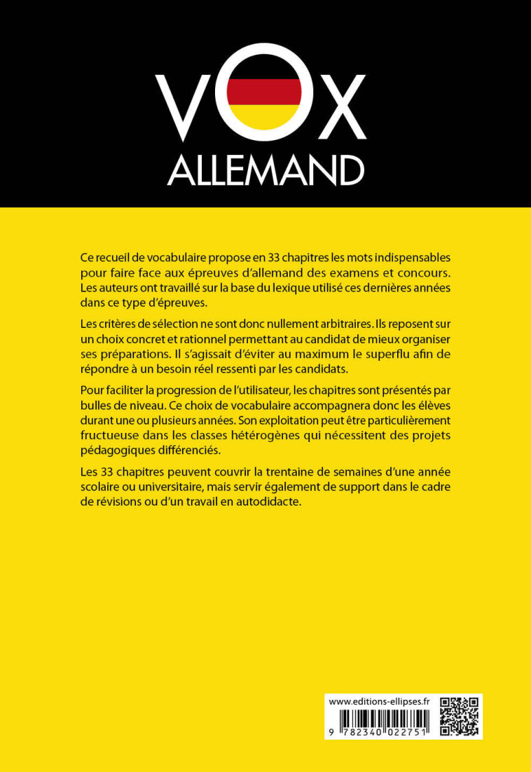 Vox Allemand. Le vocabulaire incontournable des examens et concours classé par niveaux - 2e édition - Francine Rouby - ELLIPSES