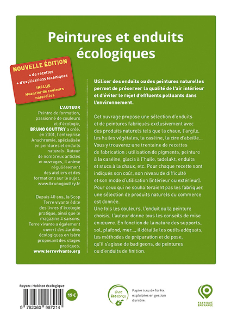 Peintures et enduits écologiques - Nouvelle édition enrichie - Bruno Gouttry - TERRE VIVANTE