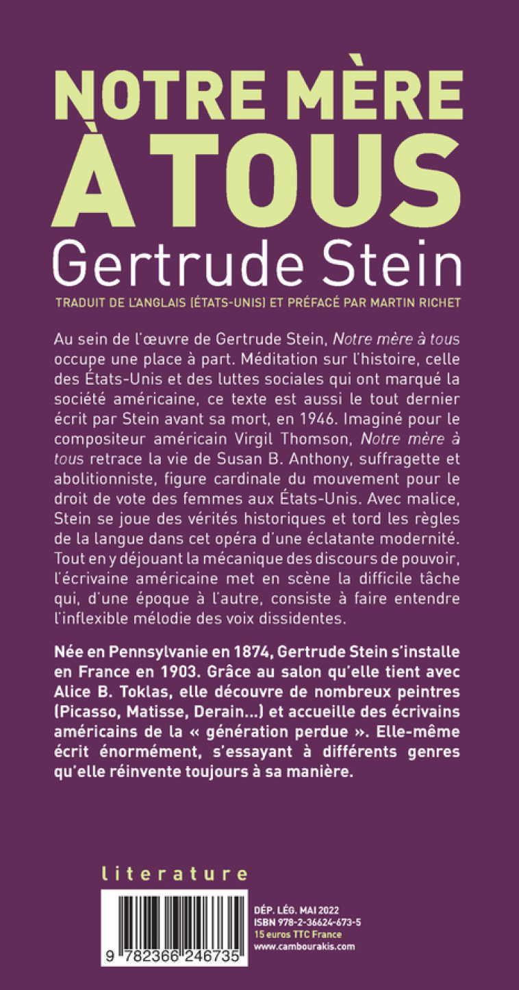 Notre mère à tous - Gertrude Stein - CAMBOURAKIS