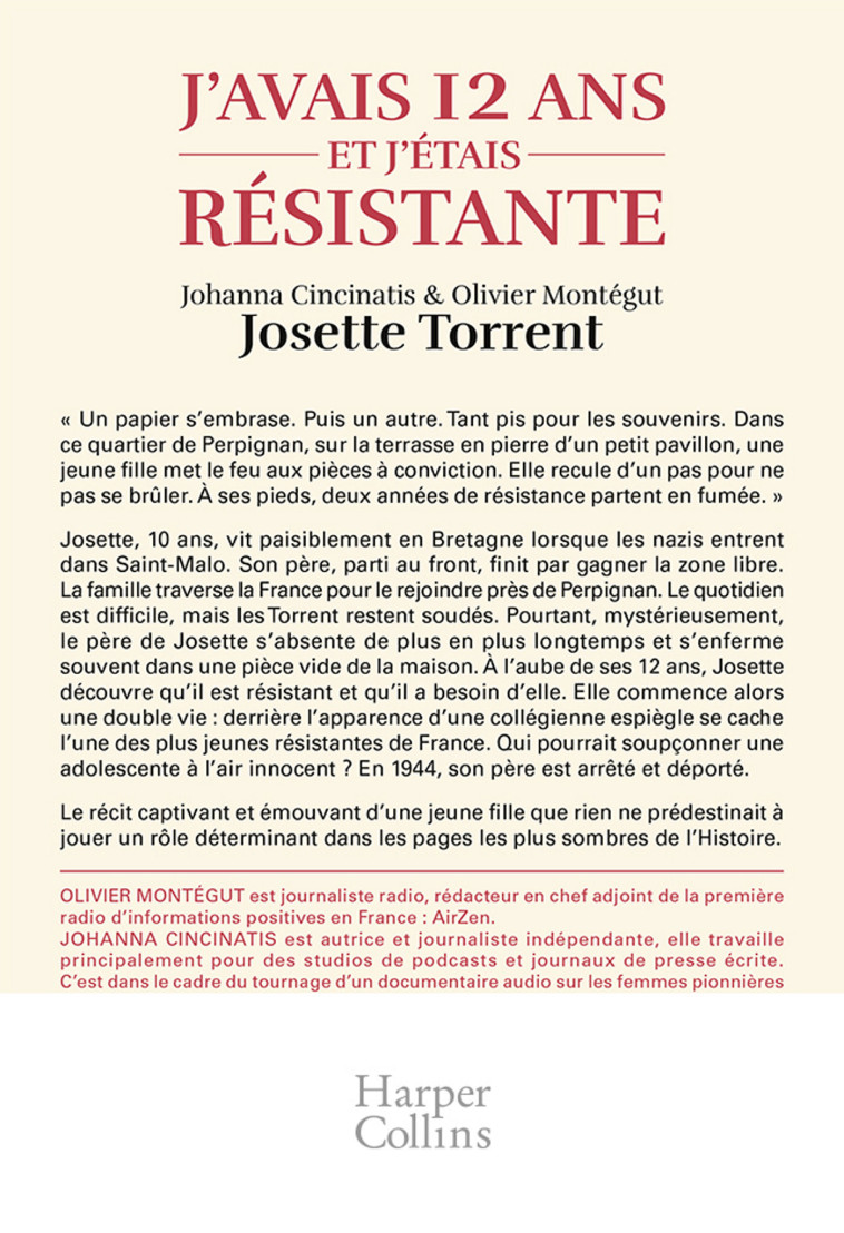 J'avais 12 ans et j'étais résistante - Josette Forgues Torrent - HARPERCOLLINS