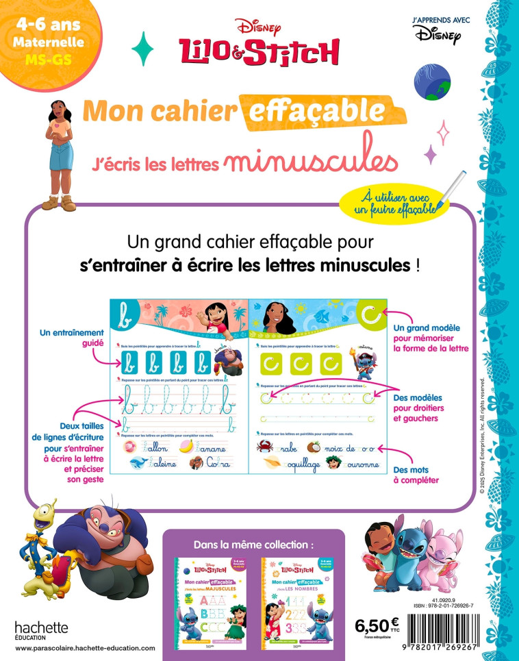 Disney - Lilo et Stitch - Mon cahier effaçable - J'écris les lettres minuscules (4 - 6 ans) -  Hachette Education - HACHETTE EDUC