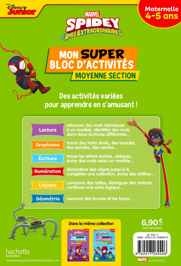 Disney Spidey et ses amis extraordinaires Mon super bloc d'activités de Moyenne Section (4-5 ans) - Marina Fillon-Treffot - HACHETTE EDUC