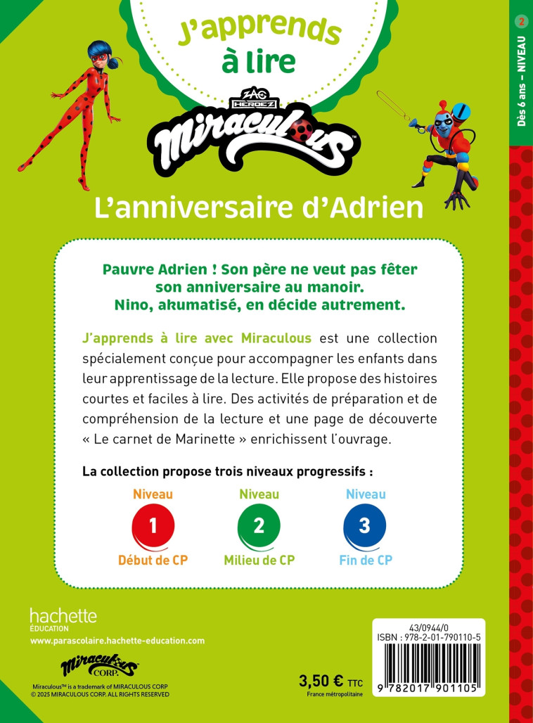 Miraculous Première lecture CP niveau 2 - L'anniversaire d'Adrien - FALLOT MARION - HACHETTE EDUC